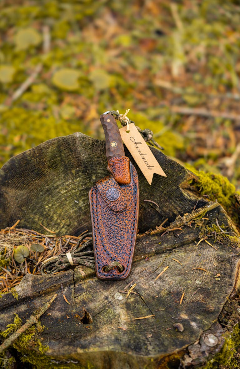 Handcrafted knife with leather sheath on mossy tree stump in Bolu forest.